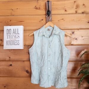 Edward Vintage 100% Linen Sleeveless Button Down Shirt Floral Embroidered Size S